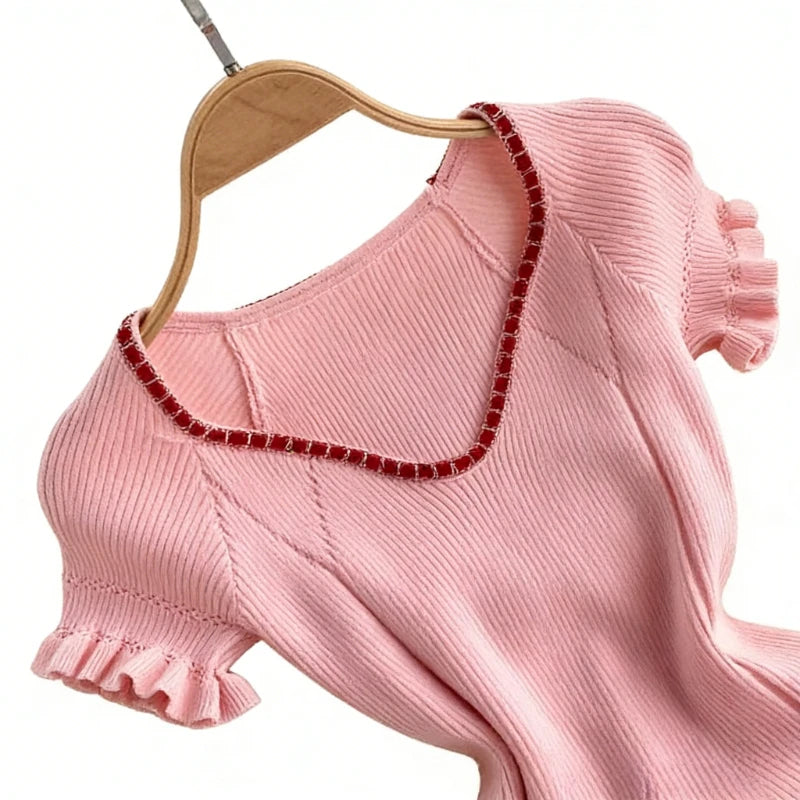 Ribbed Knit Sundress With Ruffle Trim V Neck Chic Glam Glow
