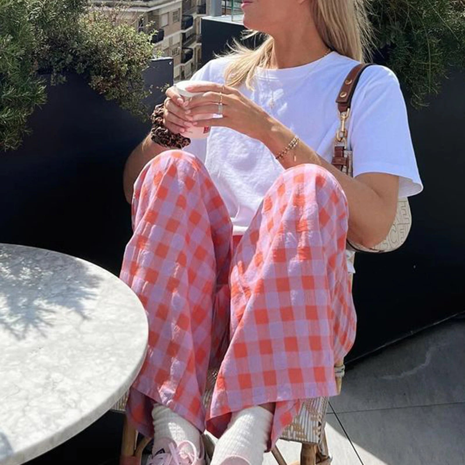 Casual Plaid Print Pants With Elastic Waistband Straight Leg Trousers