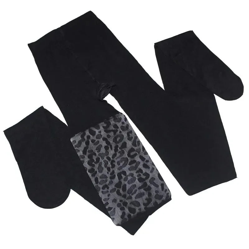 Leopard Pattern Sheer Pantyhose In Gothic Black Silky Finish Vintage Look Stockings
