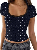 Y2K Polka Dot Crop Top With Lace Trim And Scoop Neck Short Sleeve Tee
