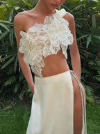Backless Floral Skirt Suit With 3D Flowers Ankle Length High Skirt Ensemble