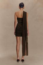 One Shoulder Backless Mini Dress With Draped Ruched Silhouette