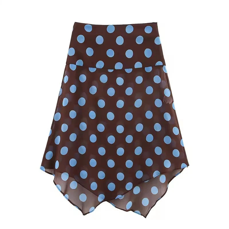 Blue Polka Dot Two Piece Set With Halter Top And Midi Skirt