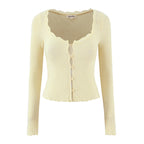 Women Fashion Sweet Lace Patchwork Knitted Cardigan Vintage O-Neck Long Sleeve Sweater