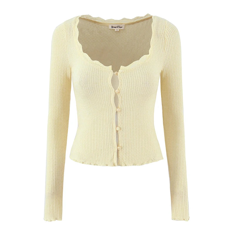 Women Fashion Sweet Lace Patchwork Knitted Cardigan Vintage O-Neck Long Sleeve Sweater