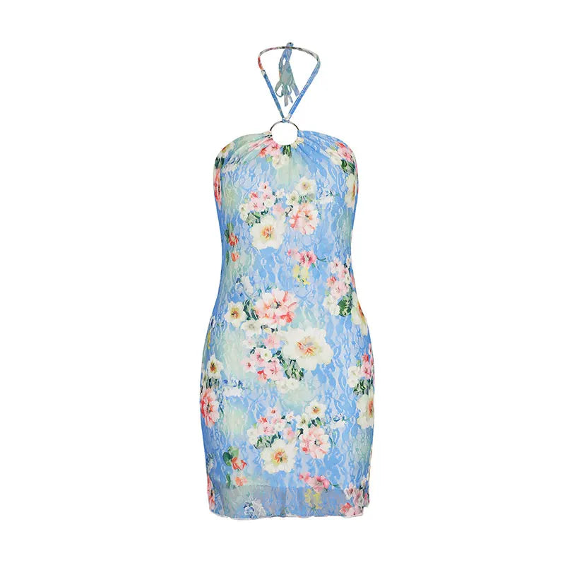 Summer Halter Neck Backless Lace Dress With Hollow Out Print