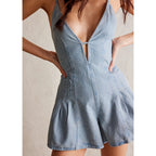 Retro Denim Playsuit With Cross Tie Backless V Neck Zip Front Loose Wide Leg Romper