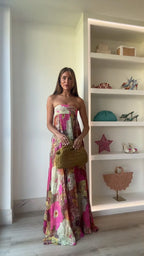Printed Strapless Maxi Dress Elegant Off Shoulder Backless Gown High Waist