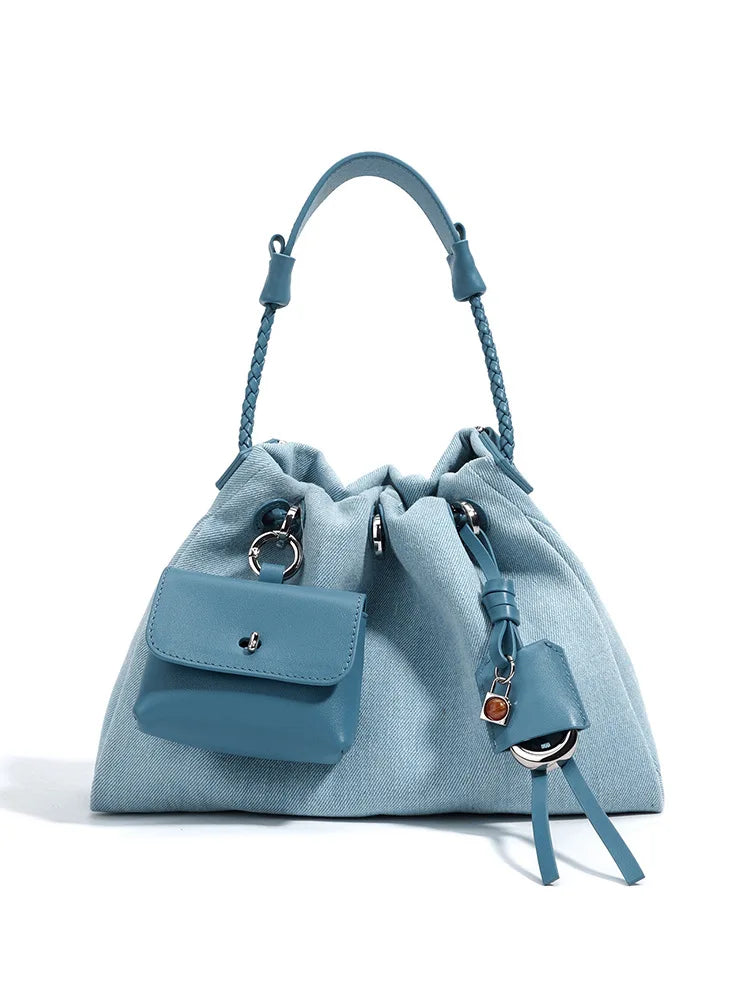 Denim Pouch Handbag With Wallet Long Strap Shoulder Bag