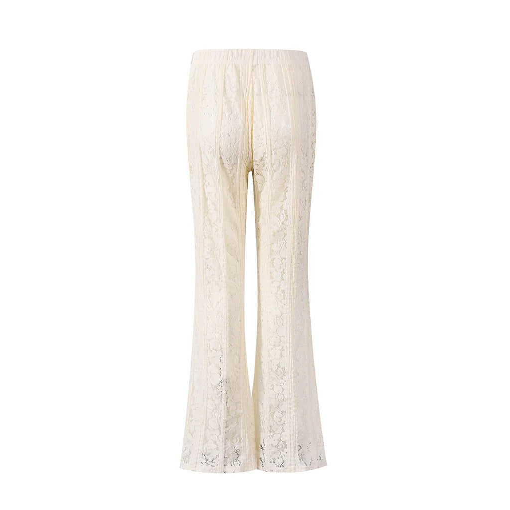 White Lace Sheer Flare Pants For Women Boho Style Elegant Casual Wide Leg Trousers