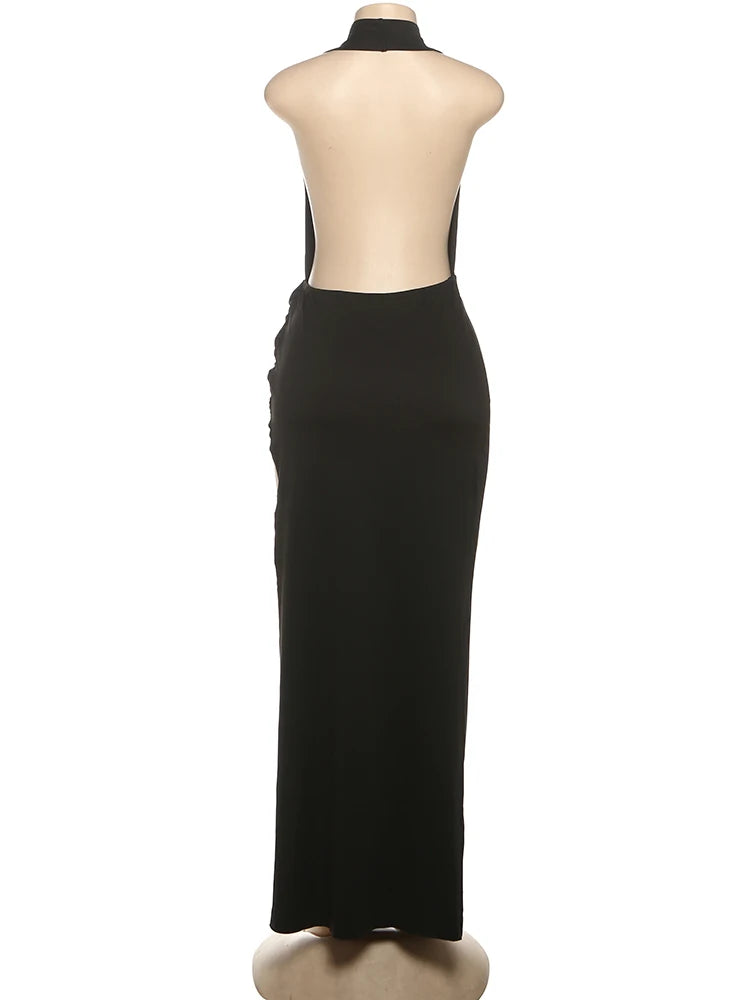 Elegant Halter Backless Maxi Dress With Deep V Neck And High Slit