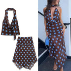 Blue Polka Dot Two Piece Set With Halter Top And Midi Skirt