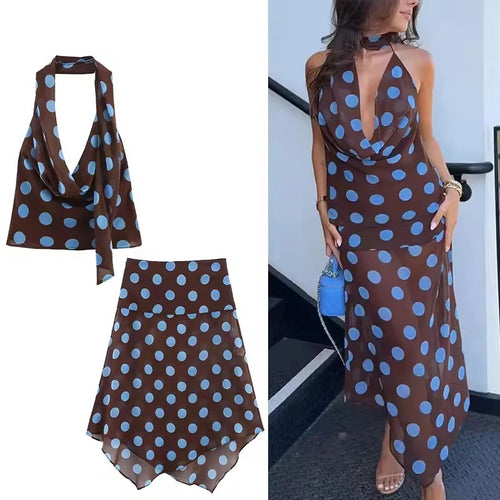 Blue Polka Dot Two Piece Set With Halter Top And Midi Skirt