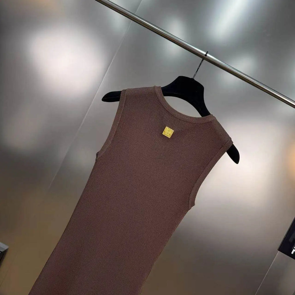 Hollow-Out Knit Vest Dress With Metal Buttons Sleeveless Slit