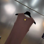 Hollow-Out Knit Vest Dress With Metal Buttons Sleeveless Slit