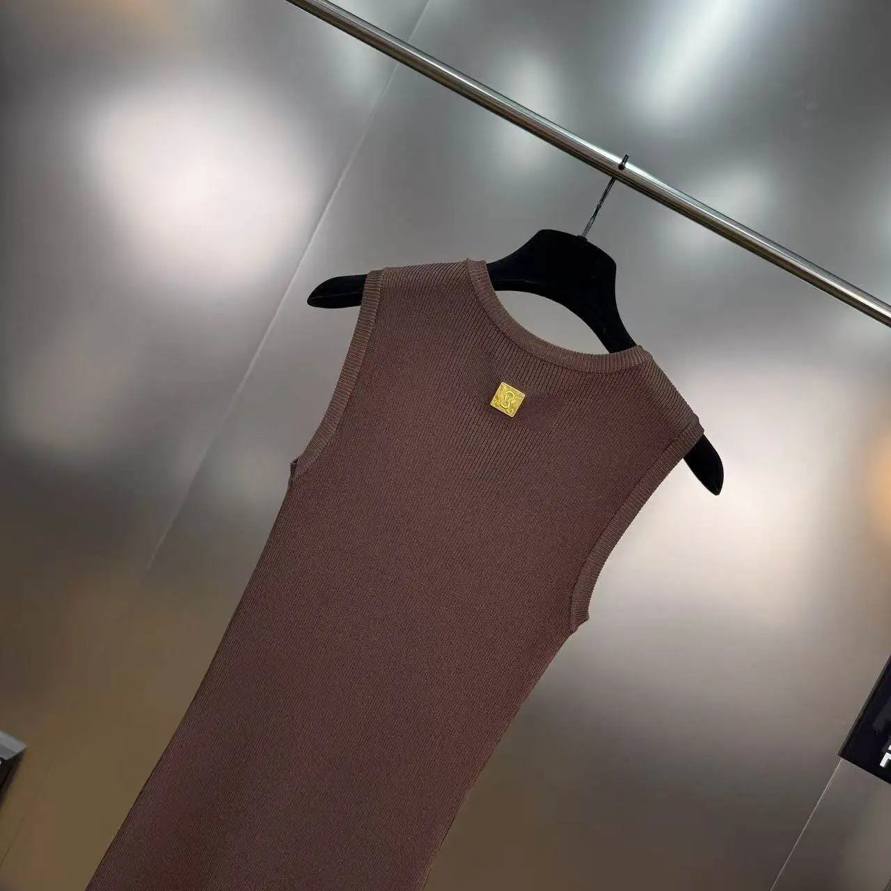 Hollow-Out Knit Vest Dress With Metal Buttons Sleeveless Slit