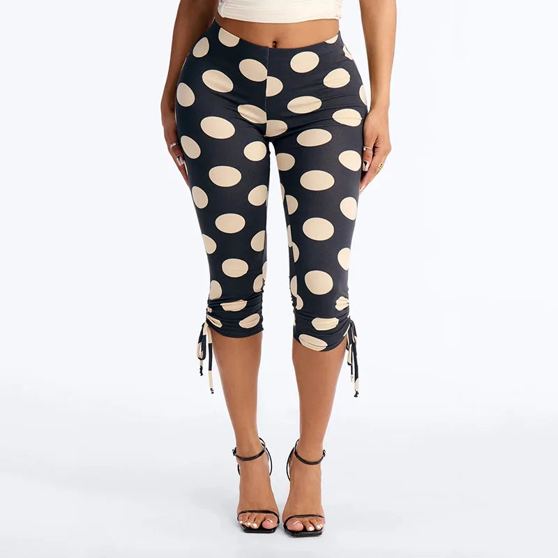 Polka Dot Patchwork Capri Pants With Drawstring Waist