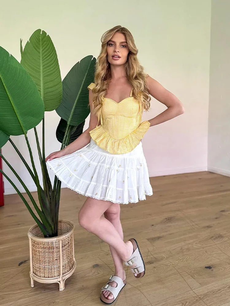 Sunny Plaid Sling Top With Ruffles V Neck Sleeveless