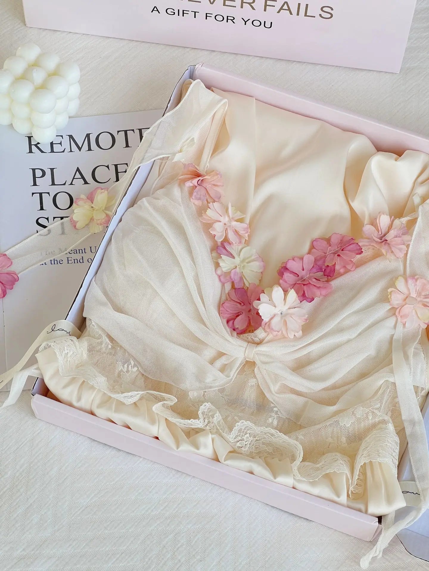 Satin Nightgown Women Fairy Princess Style Nightdress Sexy Flower Trim Sleepwear