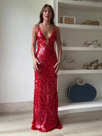 Gleaming Sequined V Neck Maxi Dress Sleeveless Backless High Waist Gown
