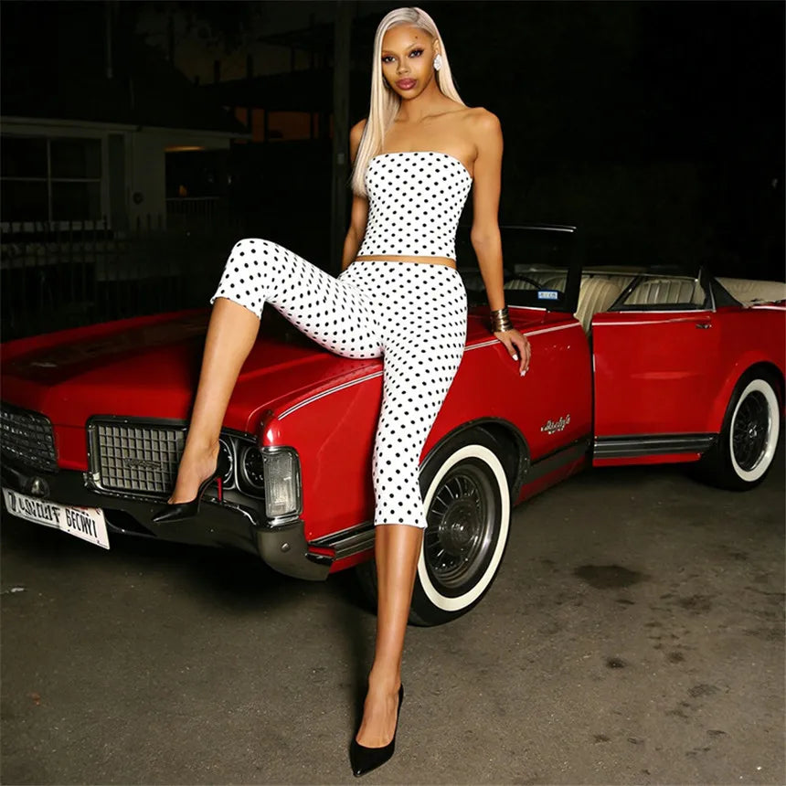 Vintage Polka Dot Two Piece Set Strapless Tube Top And Capri Pants
