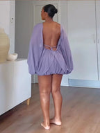 Backless Lace Up Mini Dress With Batwing Sleeves Round Neck Pleated