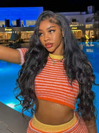 Crochet Stripe Two Piece Set With O Neck Crop Top And Skirt