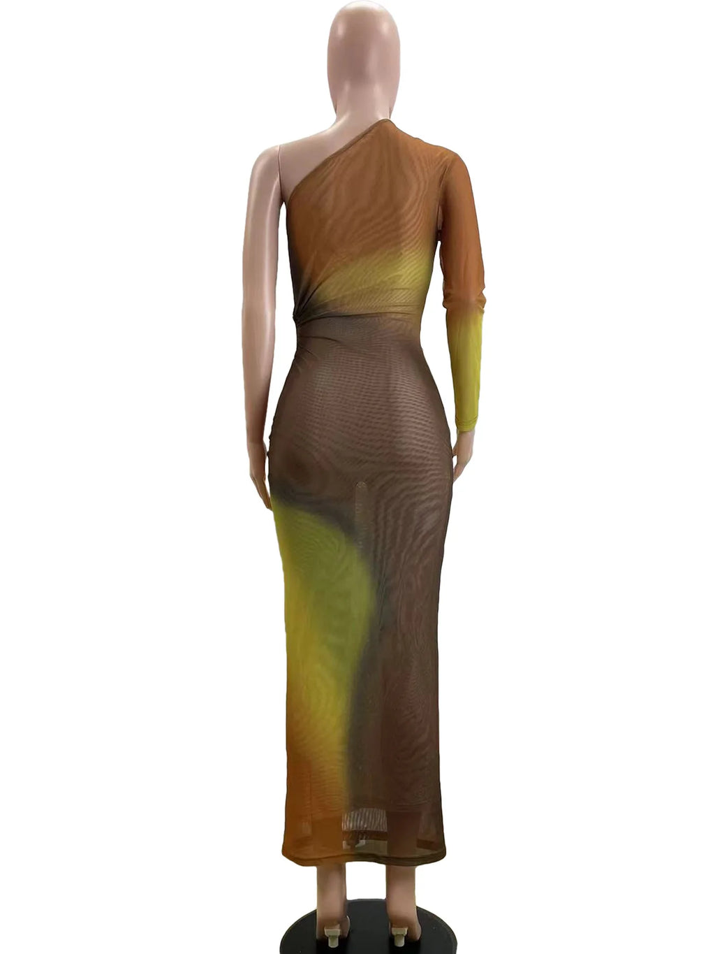 Long Maxi Dress With Skew Collar Full Sleeves Mesh See Through