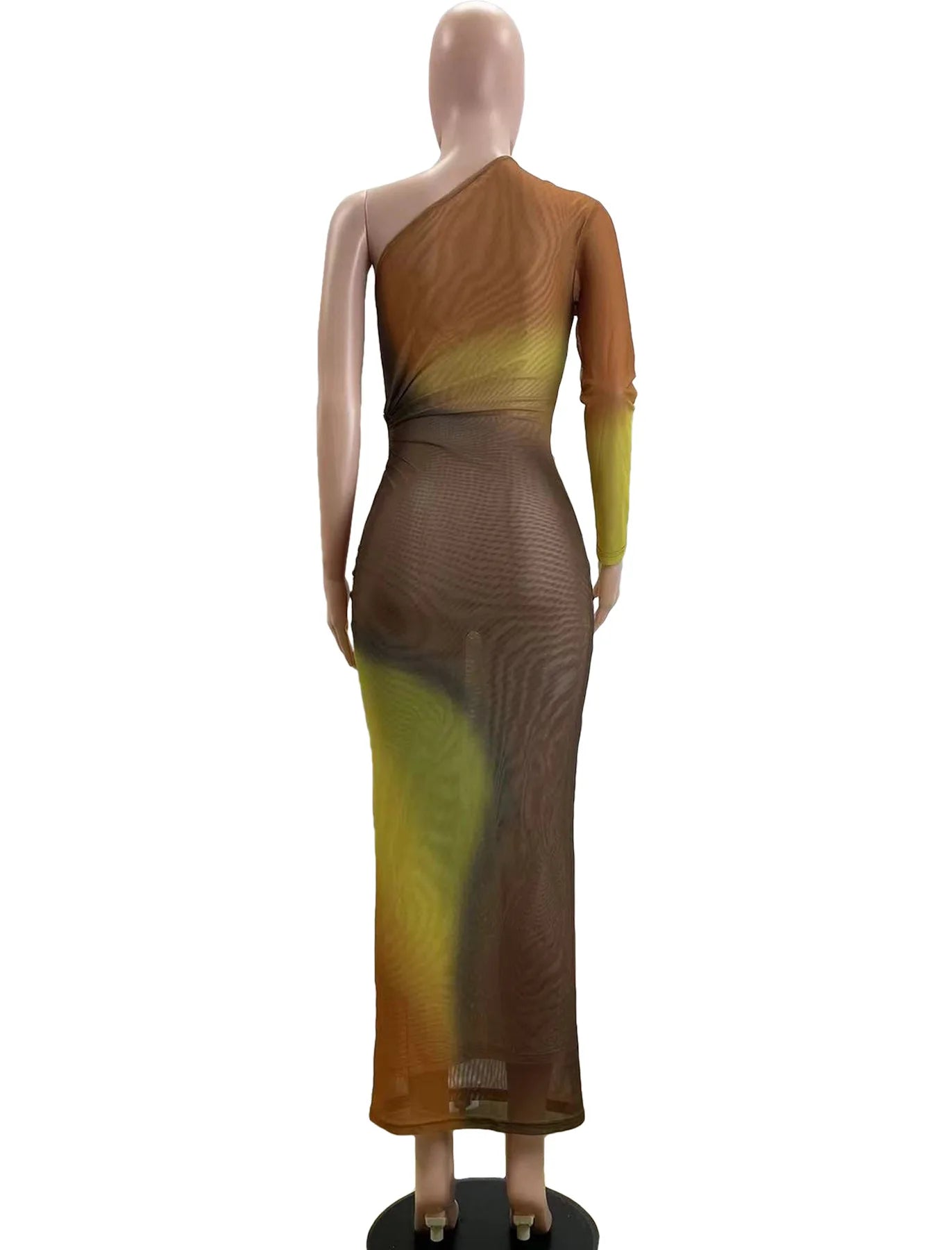 Long Maxi Dress With Skew Collar Full Sleeves Mesh See Through