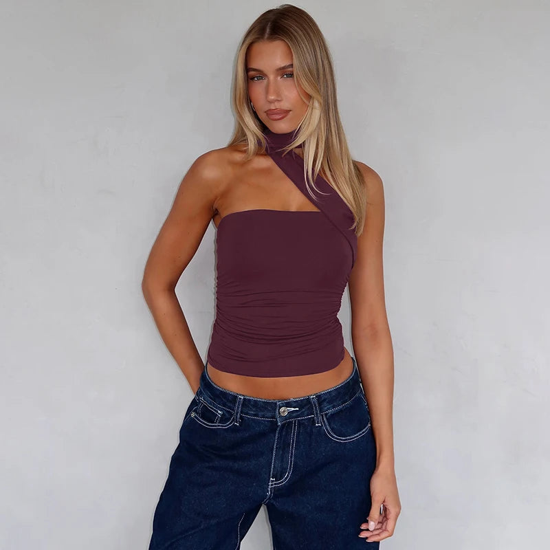 Elegant Halter Crop Top With Scarf Strap Ruched Slim Solid Design For Summer Streetwear