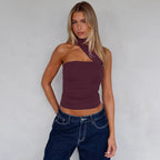 Elegant Halter Crop Top With Scarf Strap Ruched Slim Solid Design For Summer Streetwear