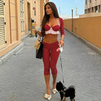 Red Polka Dot Halter Crop Top And Capri Set For Women