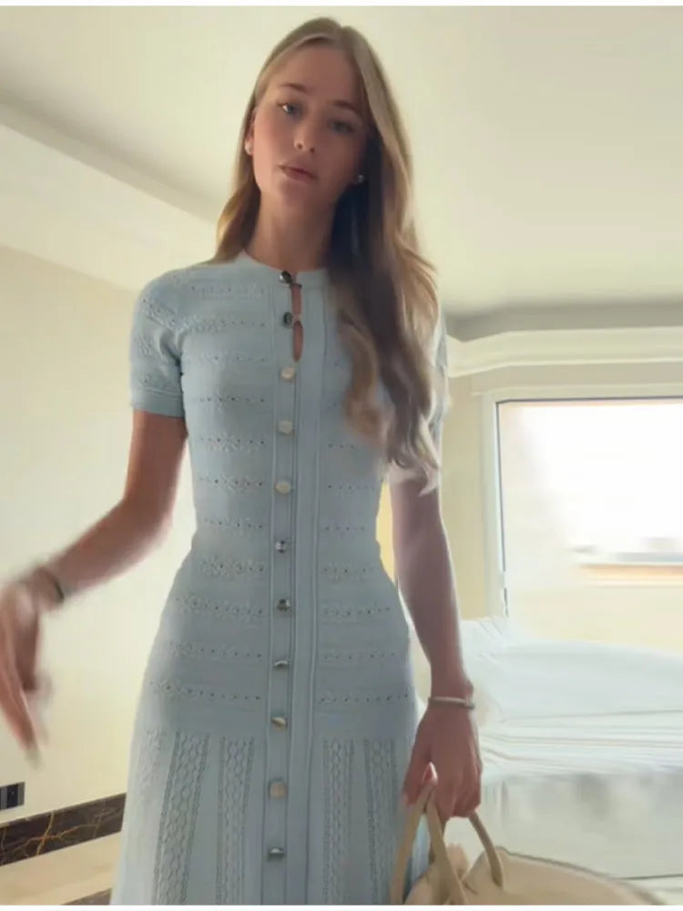 Baby Blue Knit Midi Dress With Button Front Short Sleeves Ruffles Slim Fit