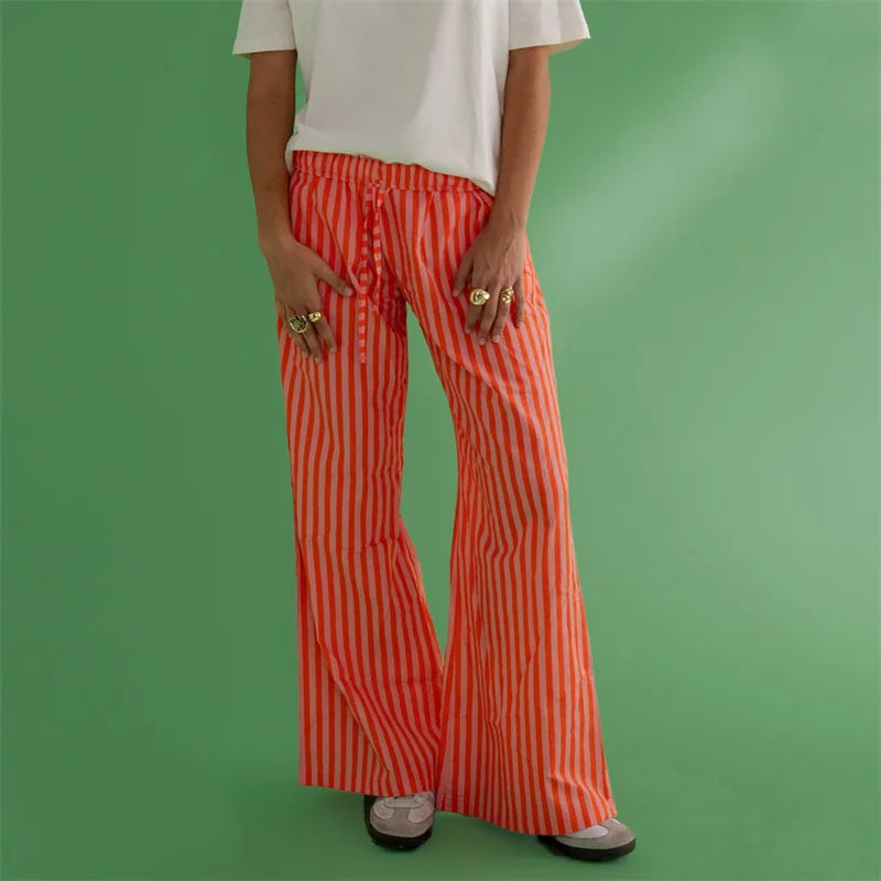 Striped Wide Leg Drawstring Pants With Pockets Elastic Waist Flared Baggy
