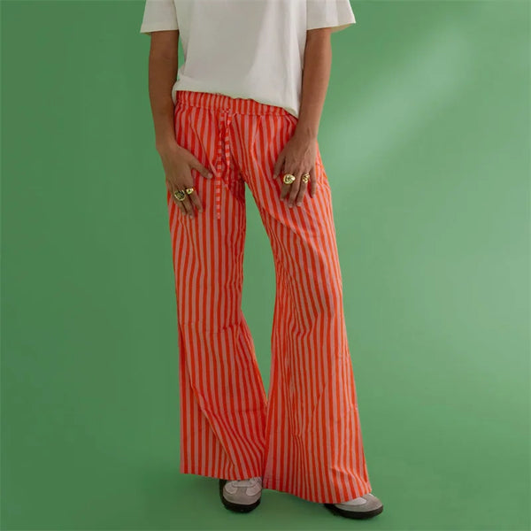 Striped Wide Leg Drawstring Pants With Pockets Elastic Waist Flared Baggy
