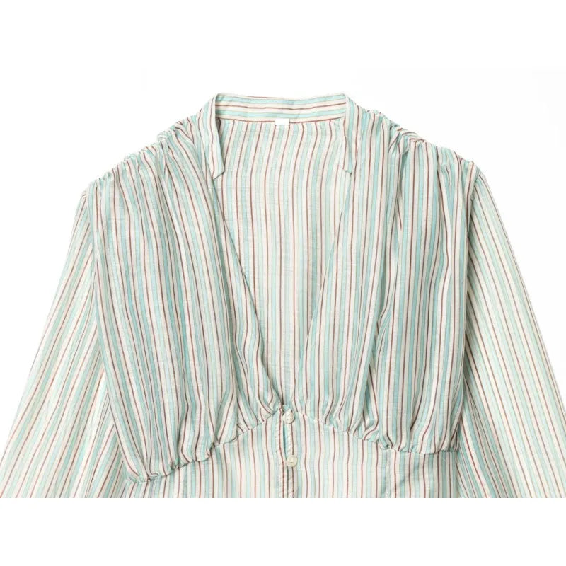 Striped Shirt With Flattering Fit Waist V Neck