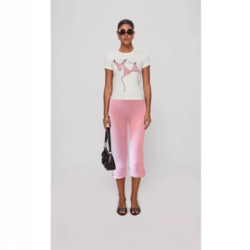 Women's Y2K Cute Capri Pants Solid Color Satin Bow Decor Side Split Summer Slim CroppedTrousers Stretch Crop Leggings