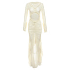 Elegant Sheer Lace Bodycon Dress With Hollow V-Neck Ruffles And Ruched Sides