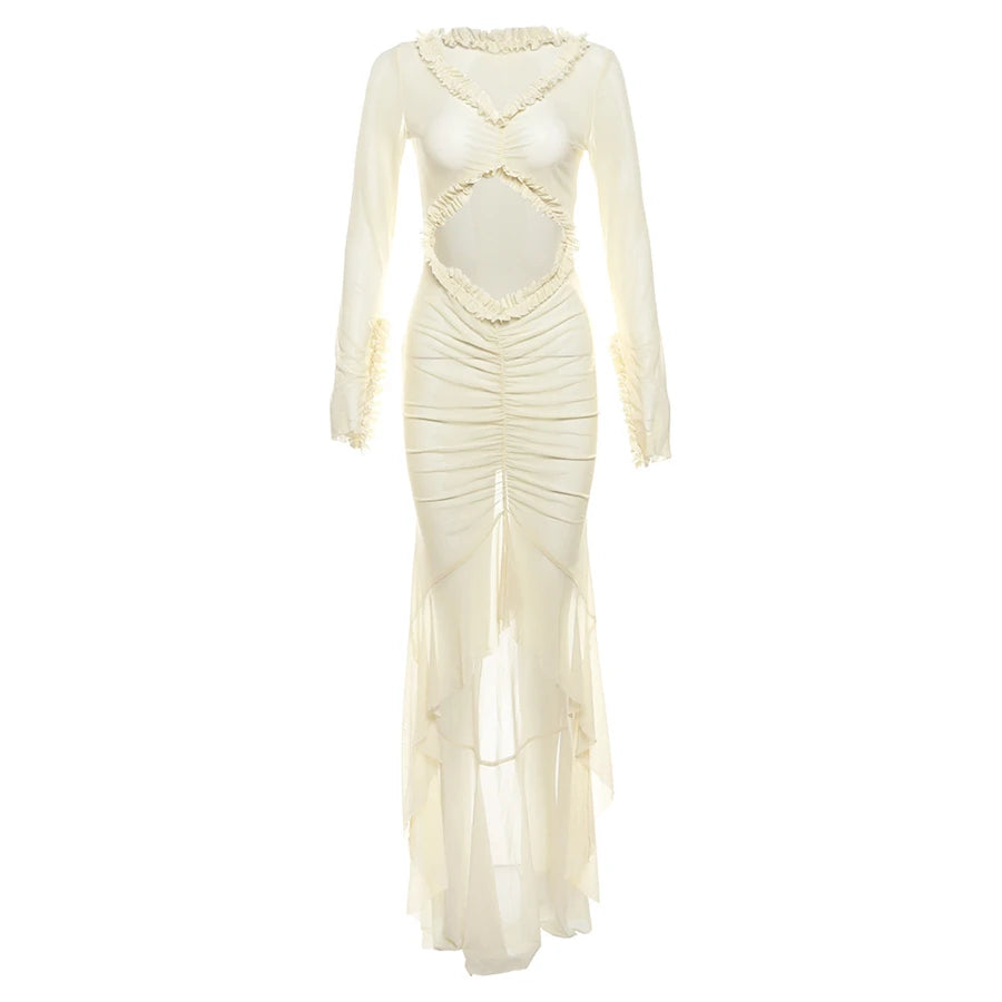 Elegant Sheer Lace Bodycon Dress With Hollow V-Neck Ruffles And Ruched Sides