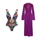 Three Piece Halter Bikini Set Purple Crochet Dress Swimsuit With Push Up Bandeau Beachwear