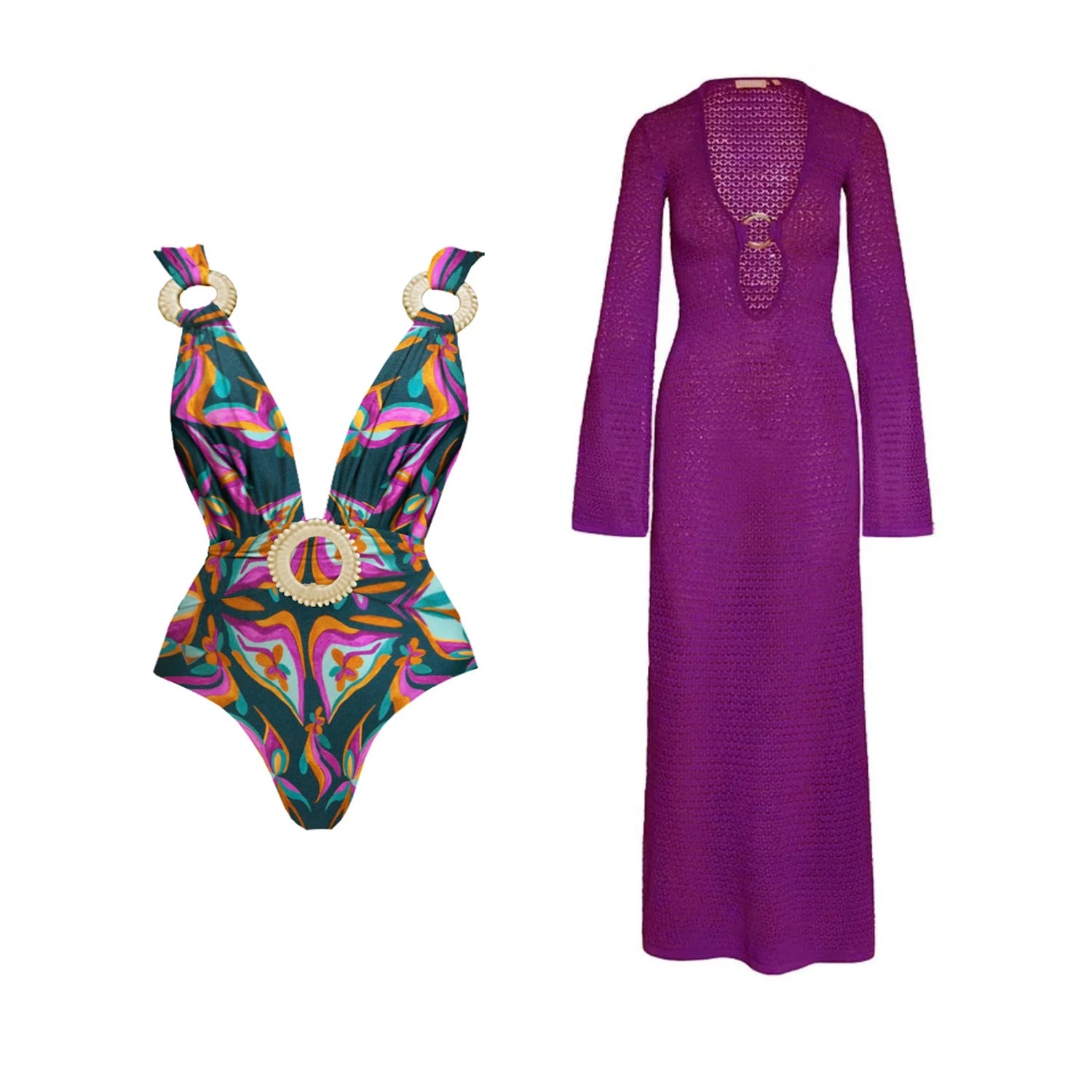 Three Piece Halter Bikini Set Purple Crochet Dress Swimsuit With Push Up Bandeau Beachwear