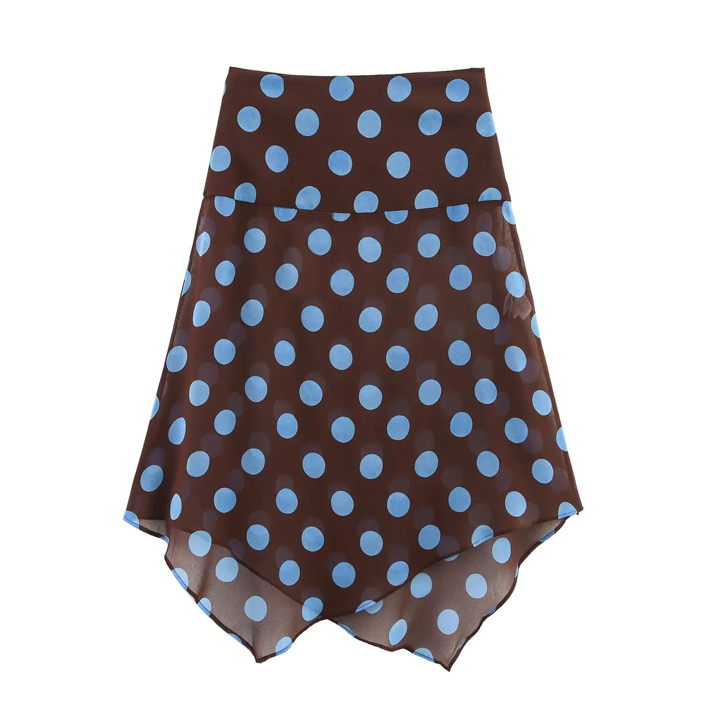 Blue Polka Dot Two Piece Set With Halter Top And Midi Skirt