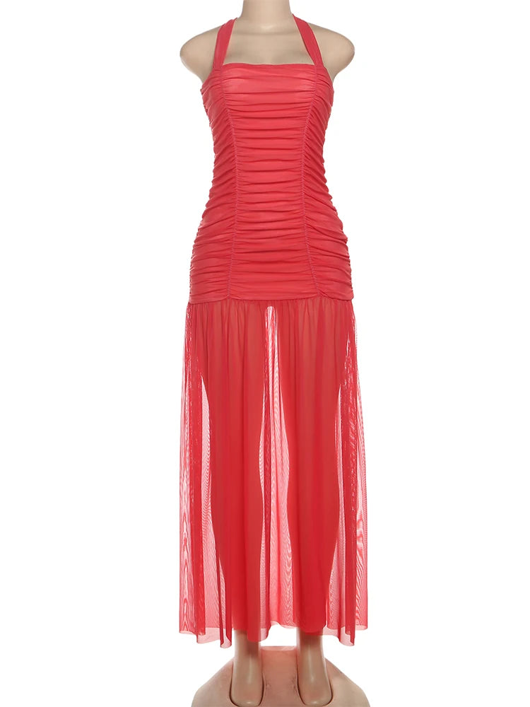 Nibber See Through Hem Halter Maxi Dress Backless Patchwork Bodycon