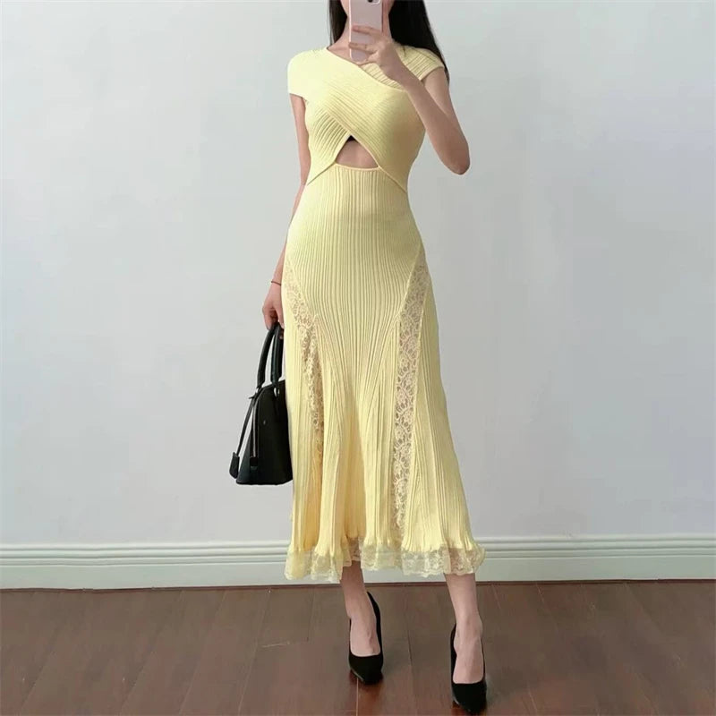 Lace Collar Splice Dress Slimming Fish Tail Gown
