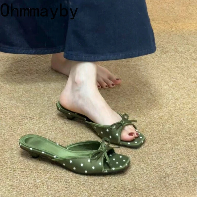 Elegant Polka Dot Satin Slippers With Square Toe And Butterfly Knot