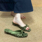 Elegant Polka Dot Satin Slippers With Square Toe And Butterfly Knot