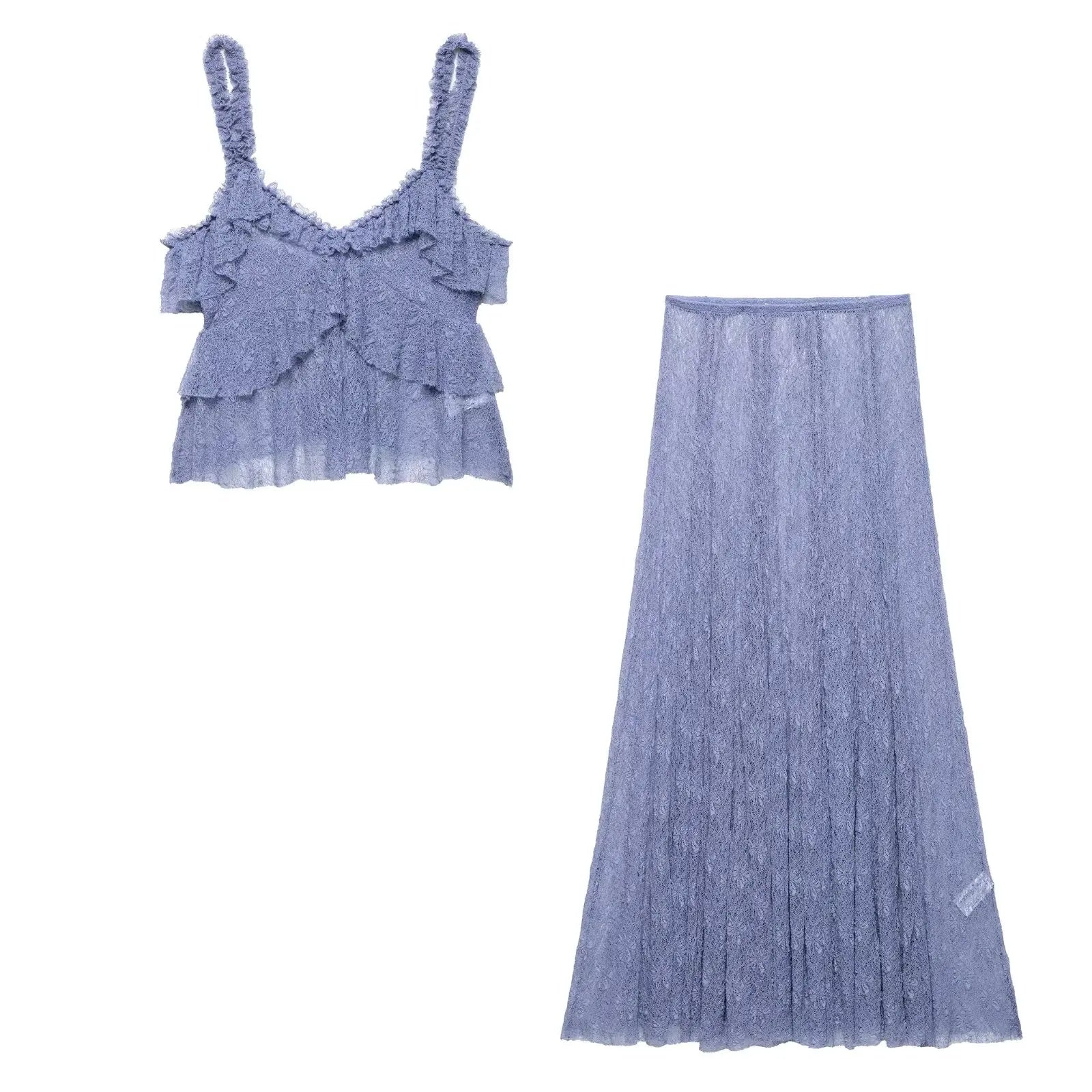 Pleated Ruffles Skirt & Lace Crochet Sling Camis Tank V Neck Top Set