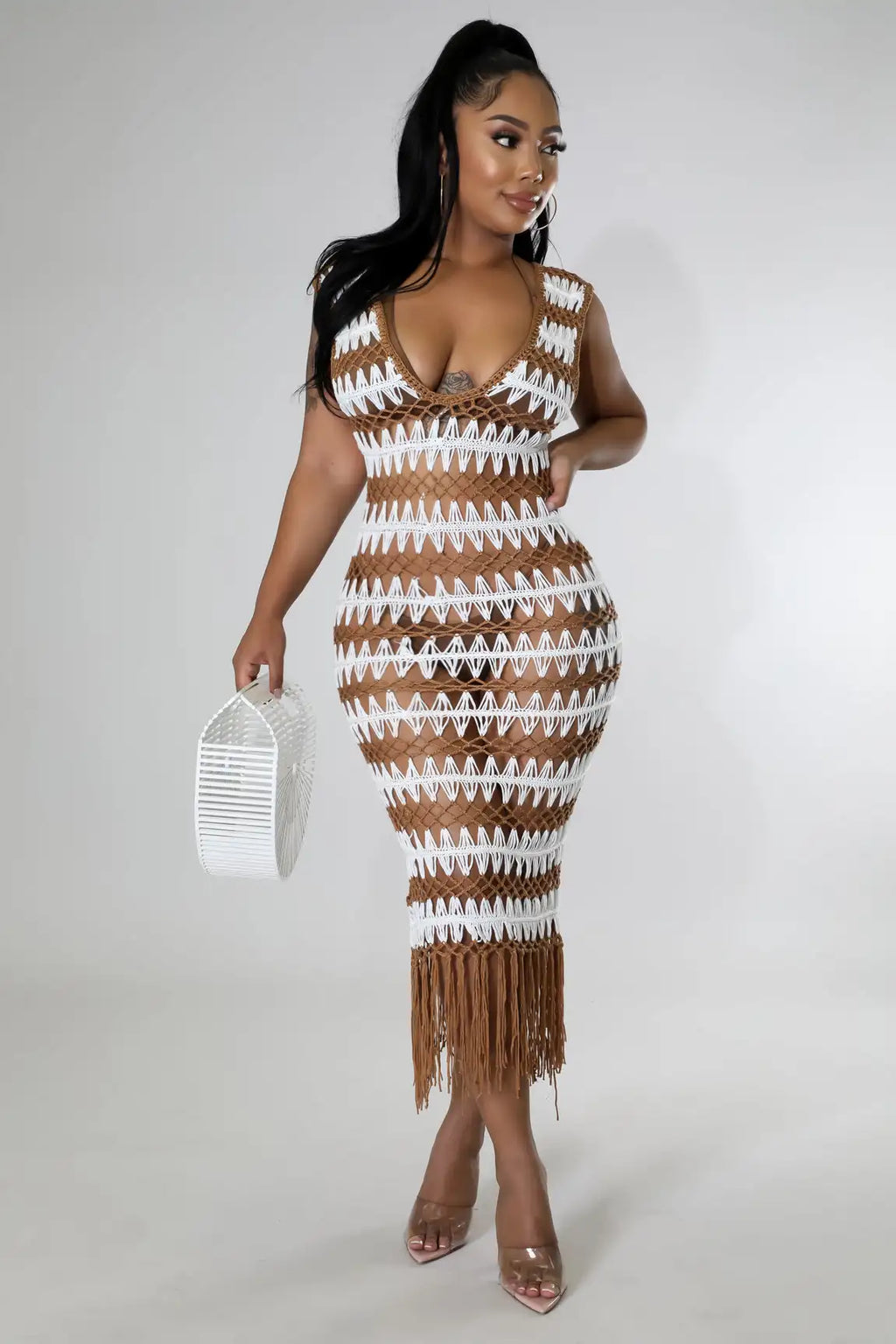 Plus Size Striped Crochet Midi Dress With V Neck Fringe Hem Sheer Beach Cover Up