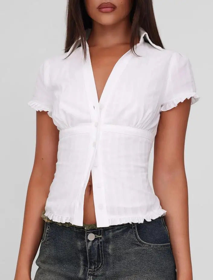 Ruffled Crop Blouse With V Neck Short Sleeve