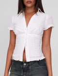 Ruffled Crop Blouse With V Neck Short Sleeve